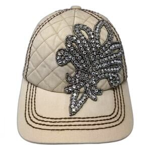 Olive & Pique Baseball Cap Beige Brown OS Rhinestone Fleur-de-lis Quilted Hat